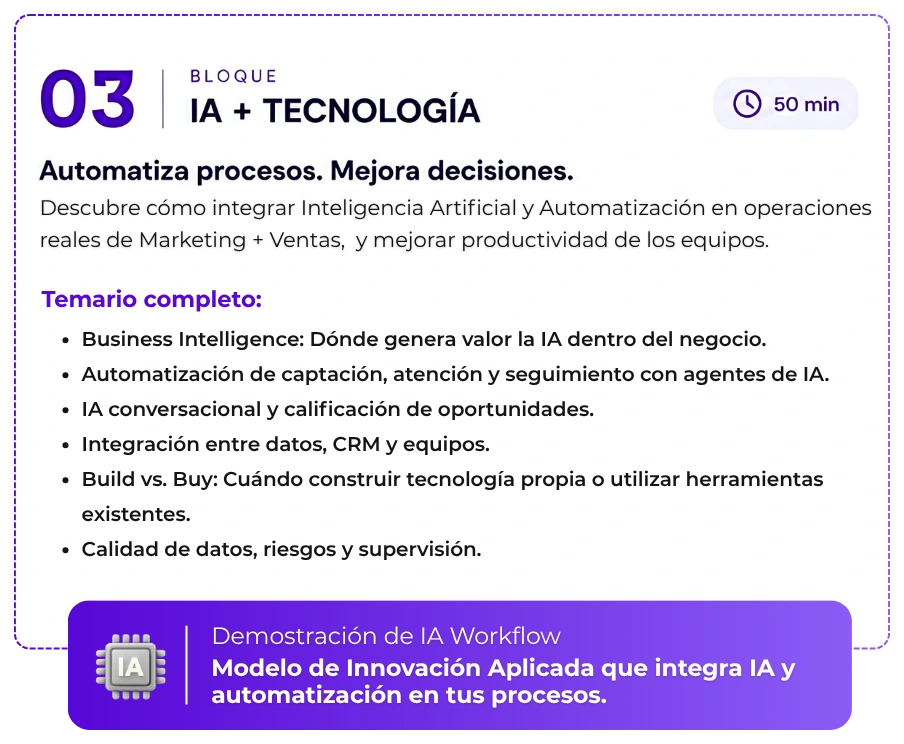 Bloque 03 — IA + tecnología: automatiza procesos, mejora decisiones.